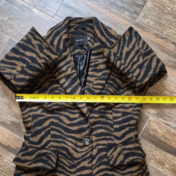 Tahari Black & Brown Wool Blend Lined 1 Button Zebra Print Midi Coat Pockets XS - Picture 4 of 9